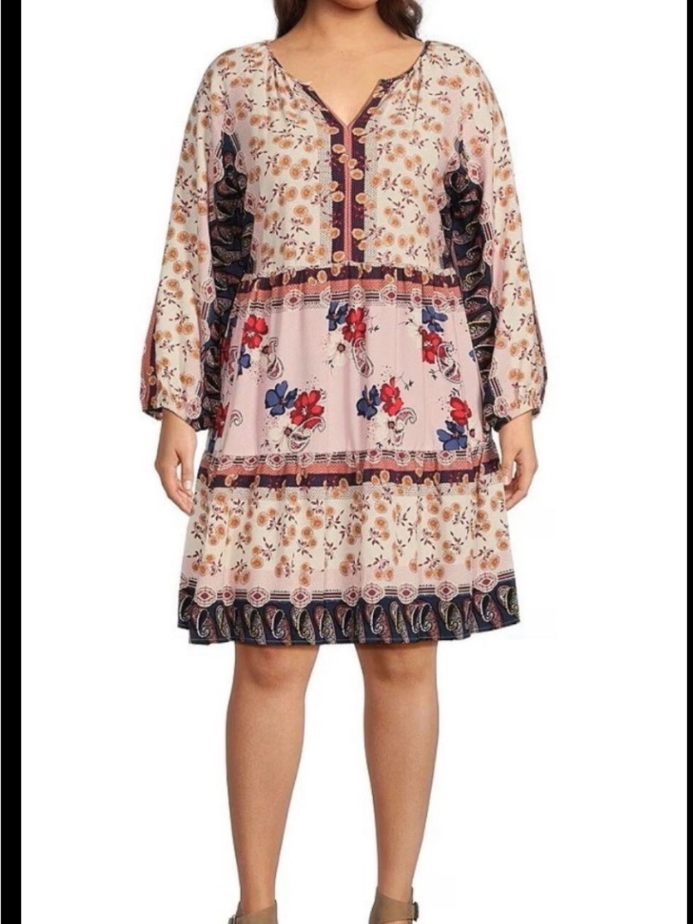 Nature Breeze Pink Floral Tiered V-Neck Mini Dress with Navy Trim